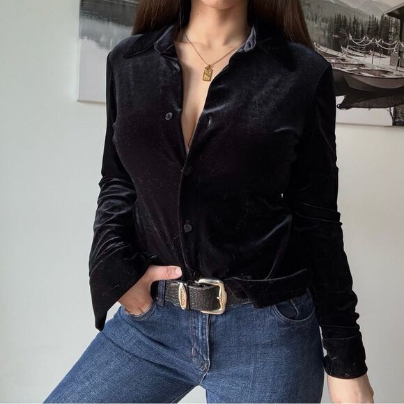 90s vintage whimsigoth minimalist velvet button down blouse with cute collar - Picture 2 of 5
